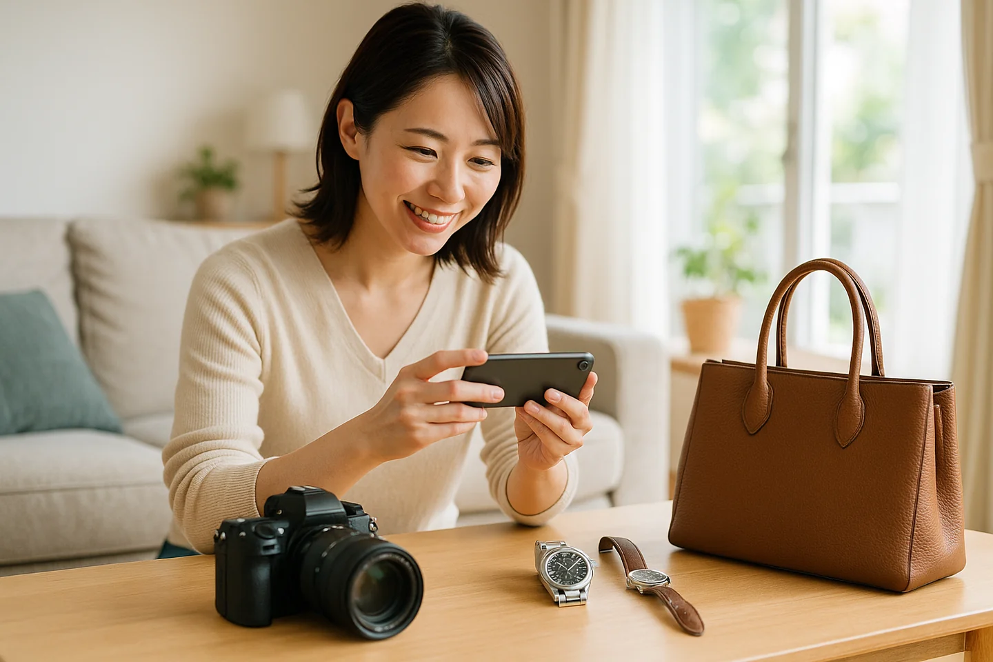 売りたい品物を撮影して査定に出す様子